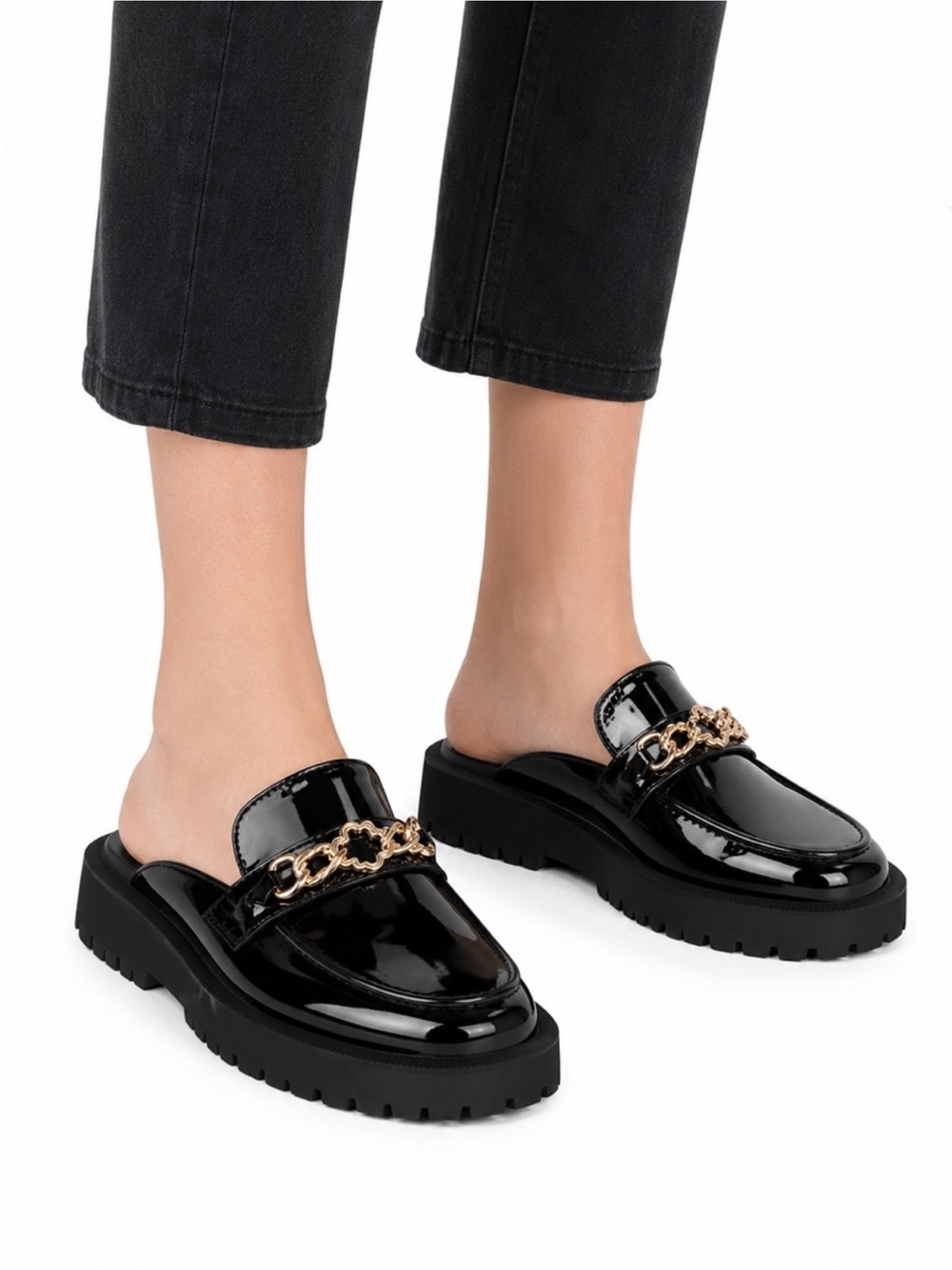 Size 7 Sam & Libby Women’s Patent Chain Mule Loafers Black Chunky Slip-On